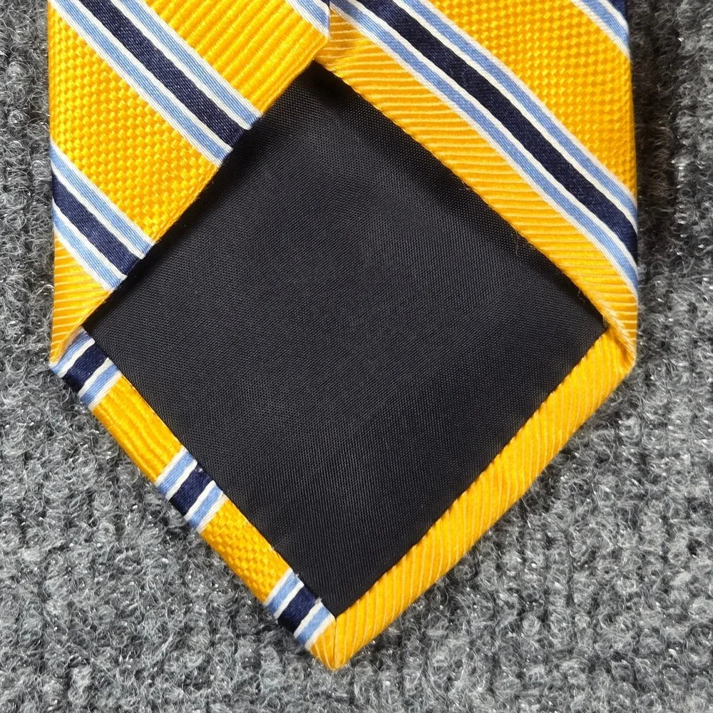 The Tie Bar Necktie Mens Yellow Navy Blue Striped 100% Silk Stain Resistant